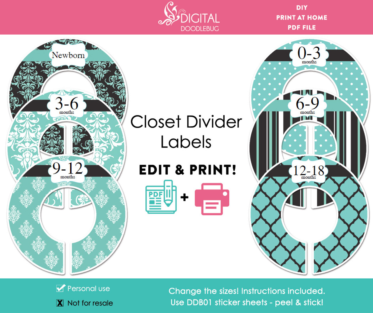 Printable baby girl closet dividers blue & black editable PDF free-printable-baby-closet-dividers-preemie-to-24-months-2-styles