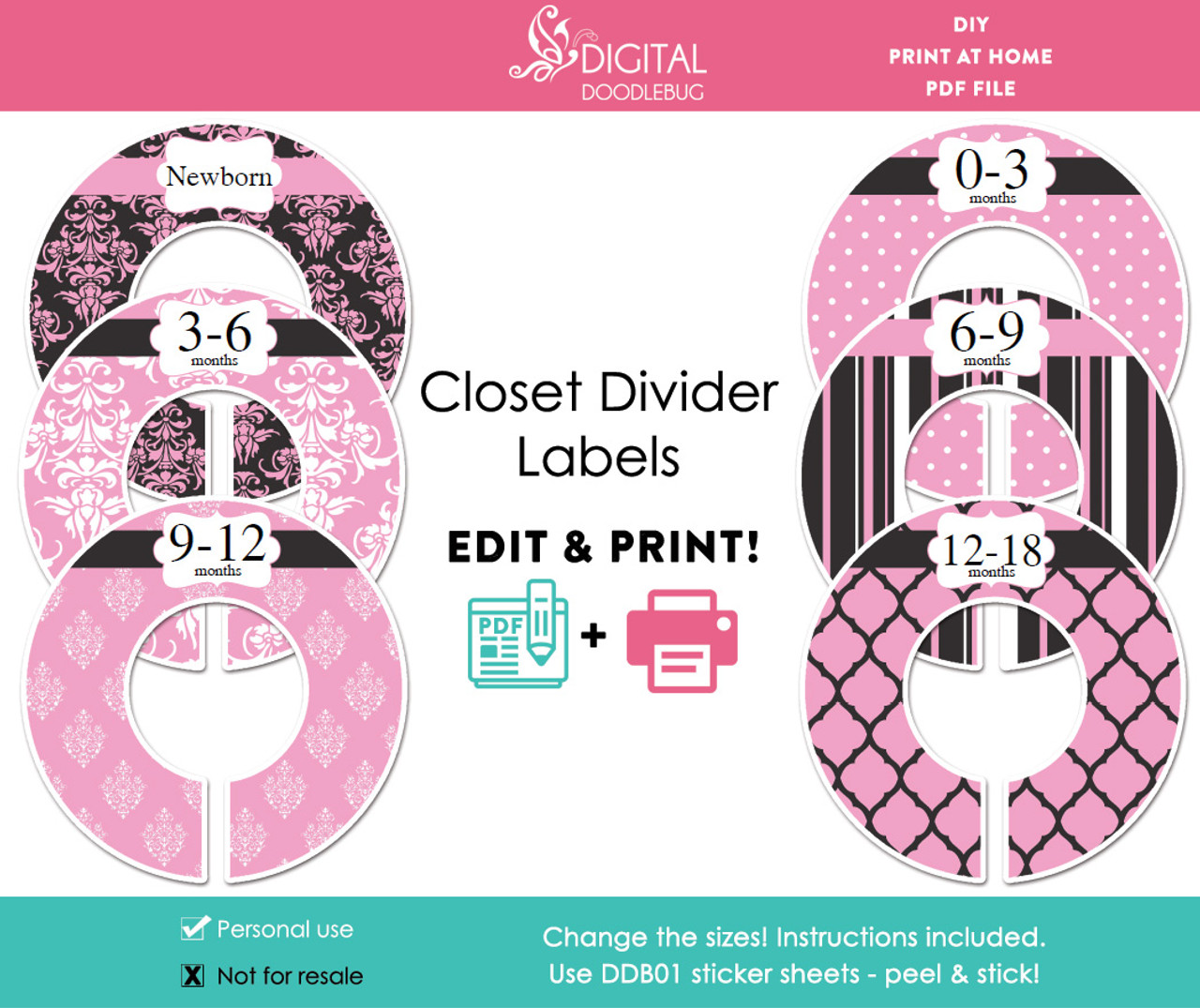 Pink & black damask printable baby girl closet dividers editable PDF pink-black-damask-printable-baby-girl-closet-dividers-editable-pdf