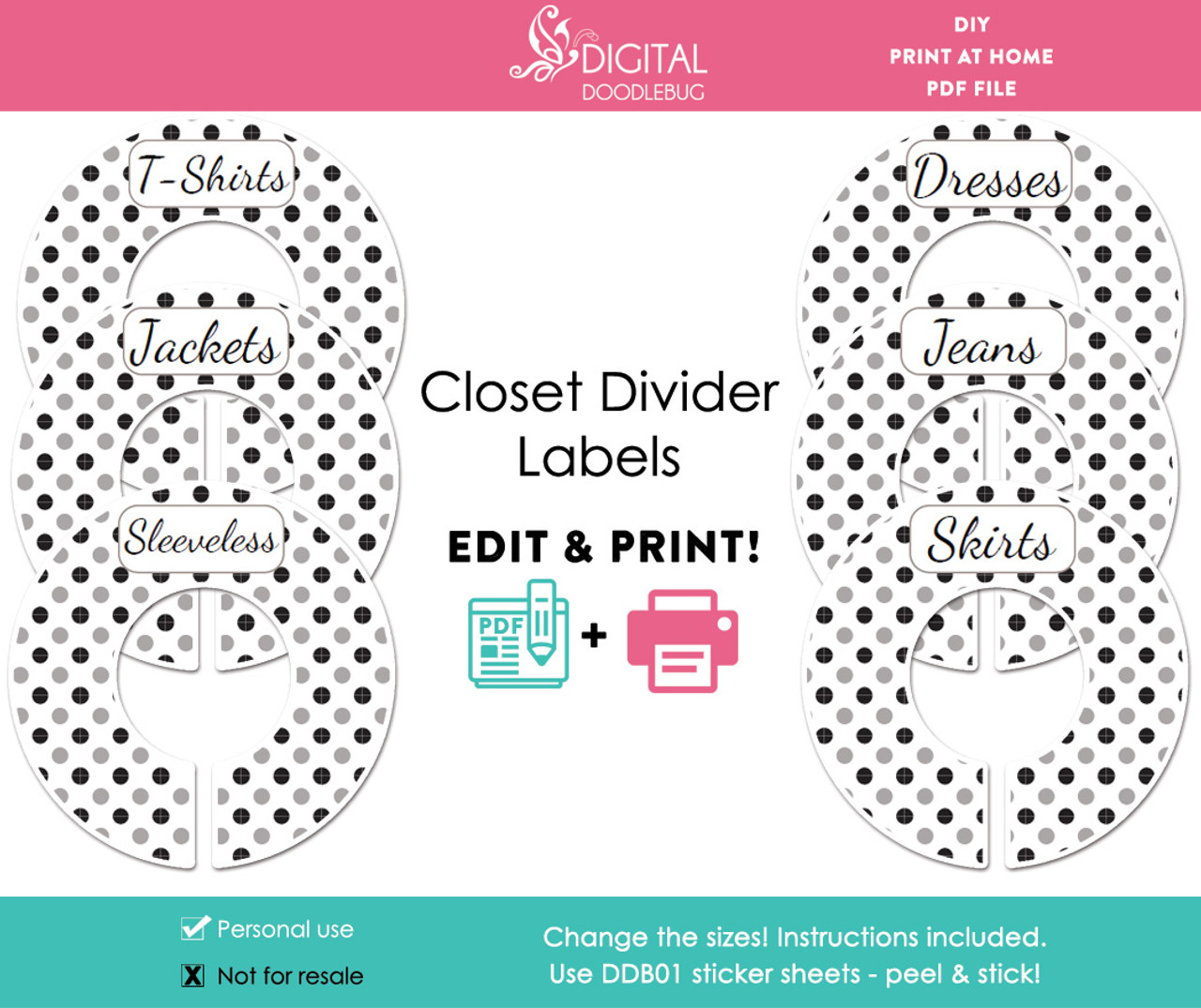 Black & gray polka dot printable closet dividers baby or adult editable PDF label template black-gray-polka-dot-printable-closet-dividers-baby-or-adult-editable-pdf-label-template