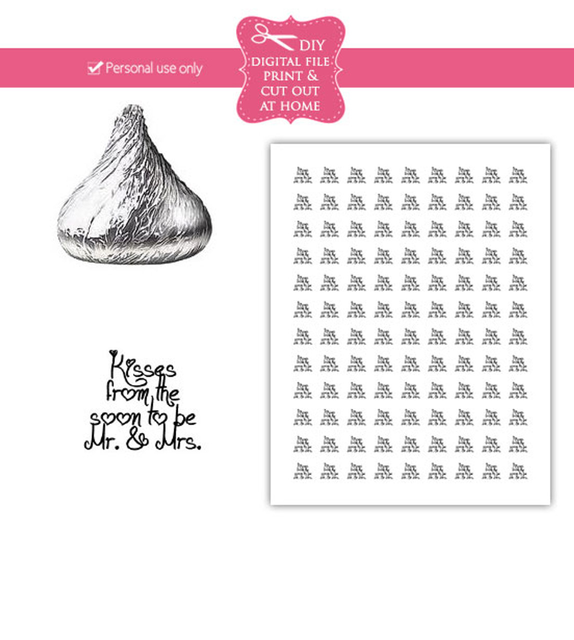 Hugs & kisses gold printable wedding candy stickers PDF