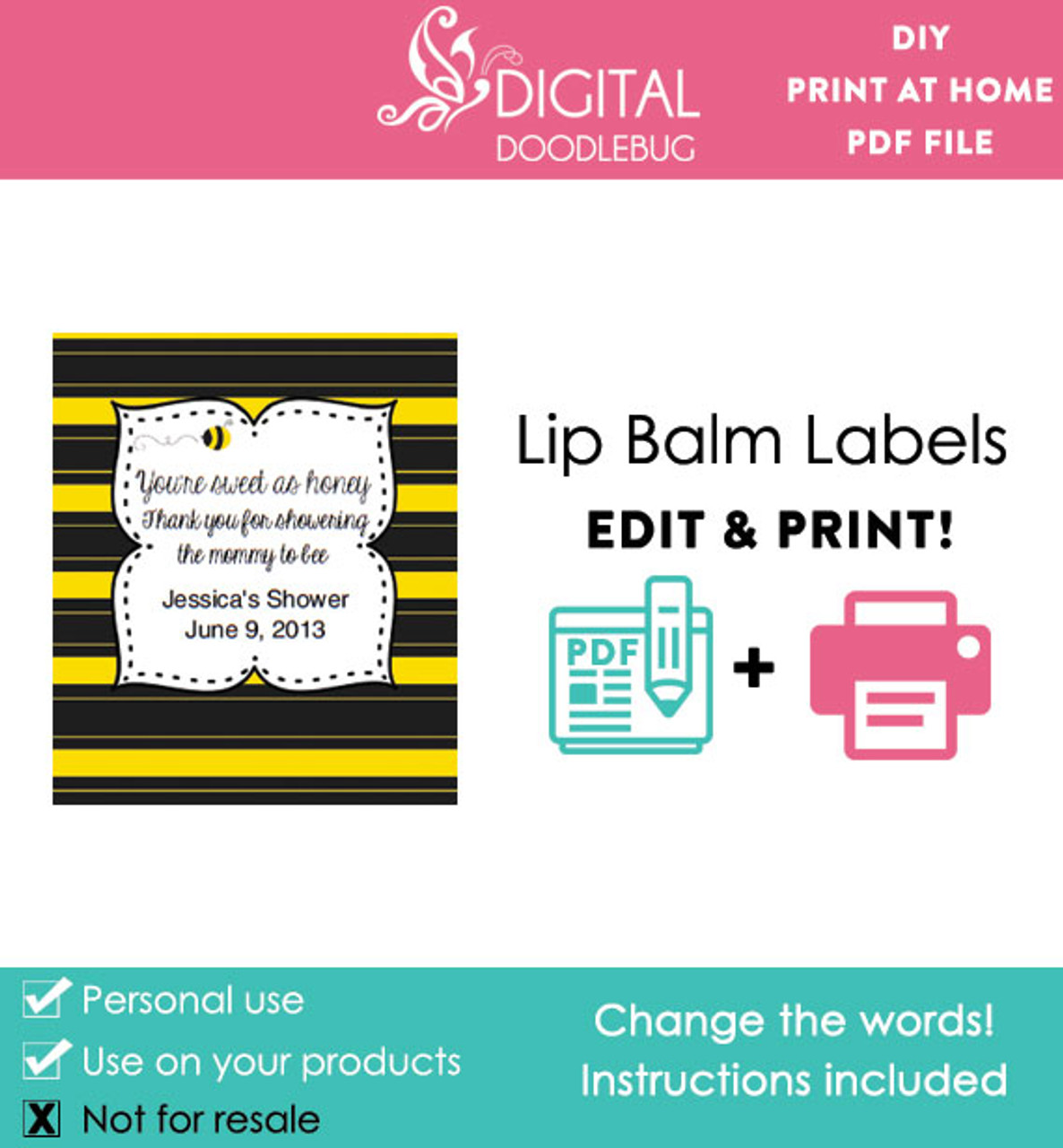 Bee printable lip balm template labels personalized baby shower favors PDF bee-printable-lip-balm-template-labels-personalized-baby-shower-favors-pdf
