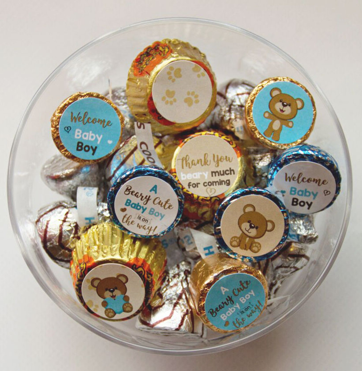 DIY Bear baby shower favors mini candy stickers blue and brown