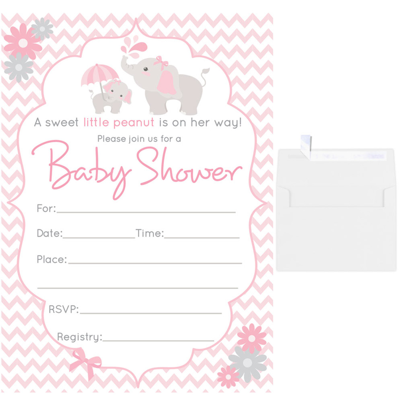 25 Fill in Blank Baby Shower Invitations w/ Envelopes Pink Elephant