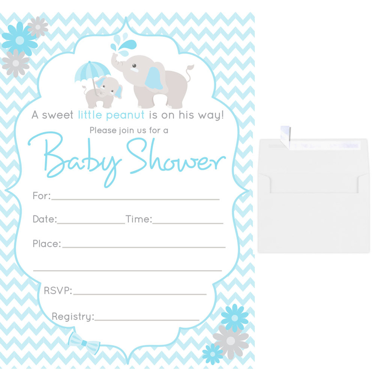 25 Fill in Blank Baby Shower Invitations w/ Envelopes Blue Elephant