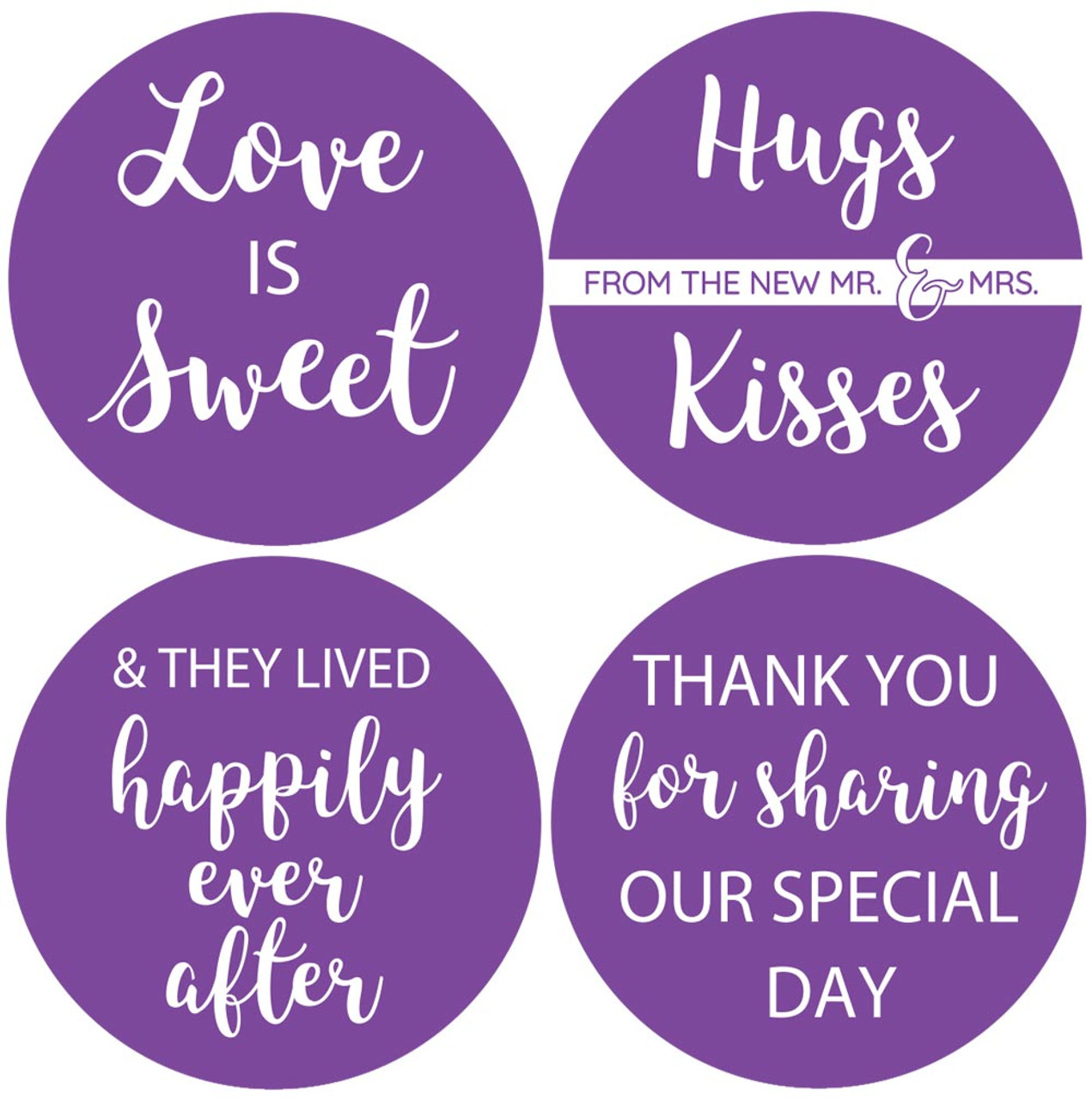 Wedding favor stickers in purple with hugs and kisses thank you gift