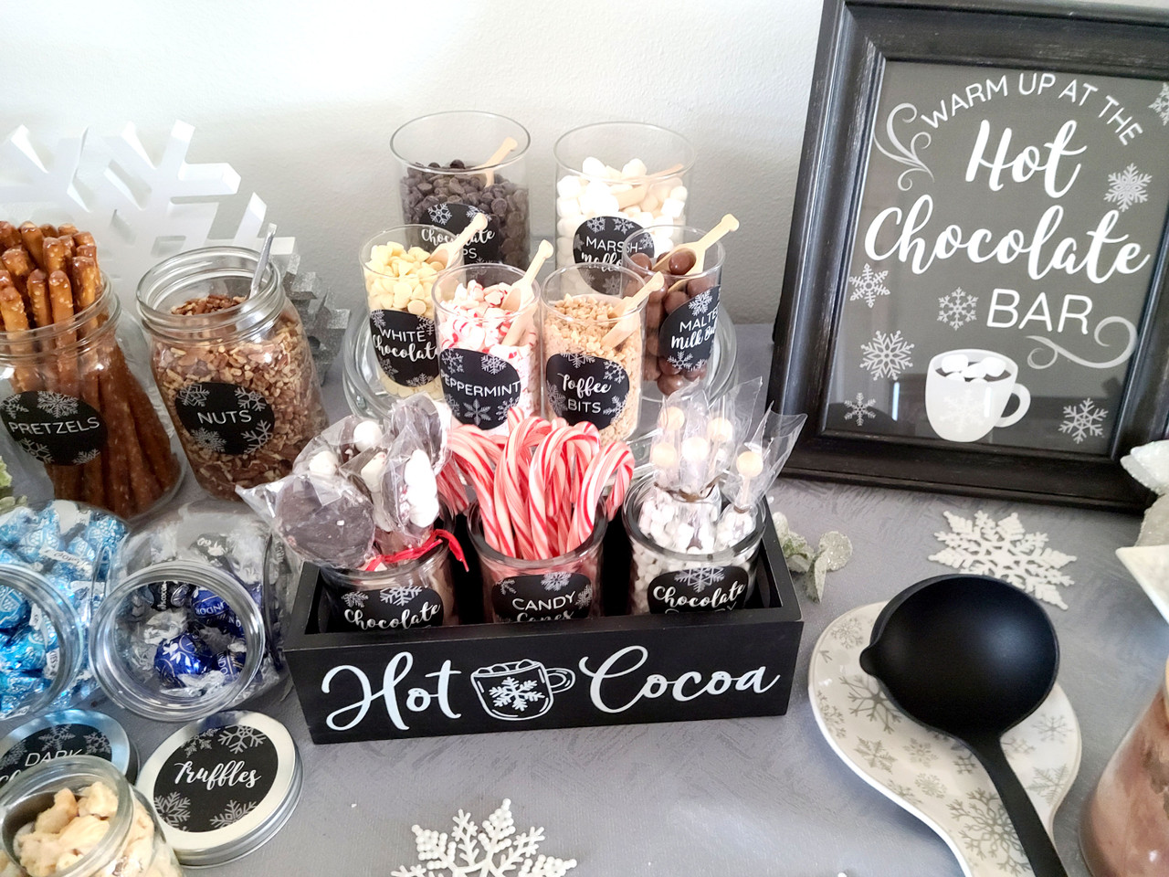 Ideas for how to setup a cheap hot chocolate bar station + free printables  - Digitaldoodlebug