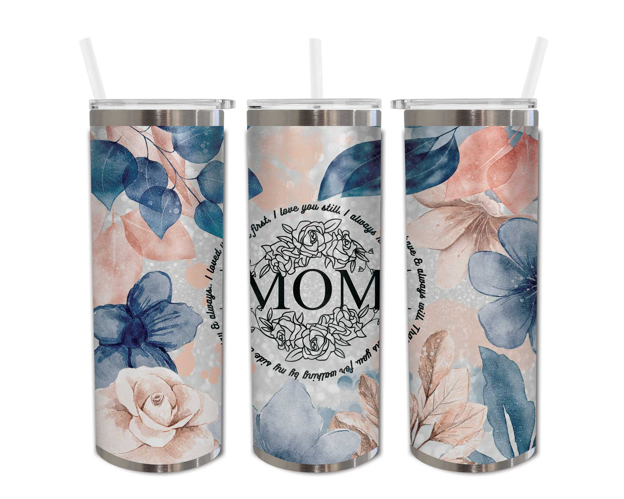 Mom Navy Floral Personalized - 20oz Skinny Stainless Steel Tumbler