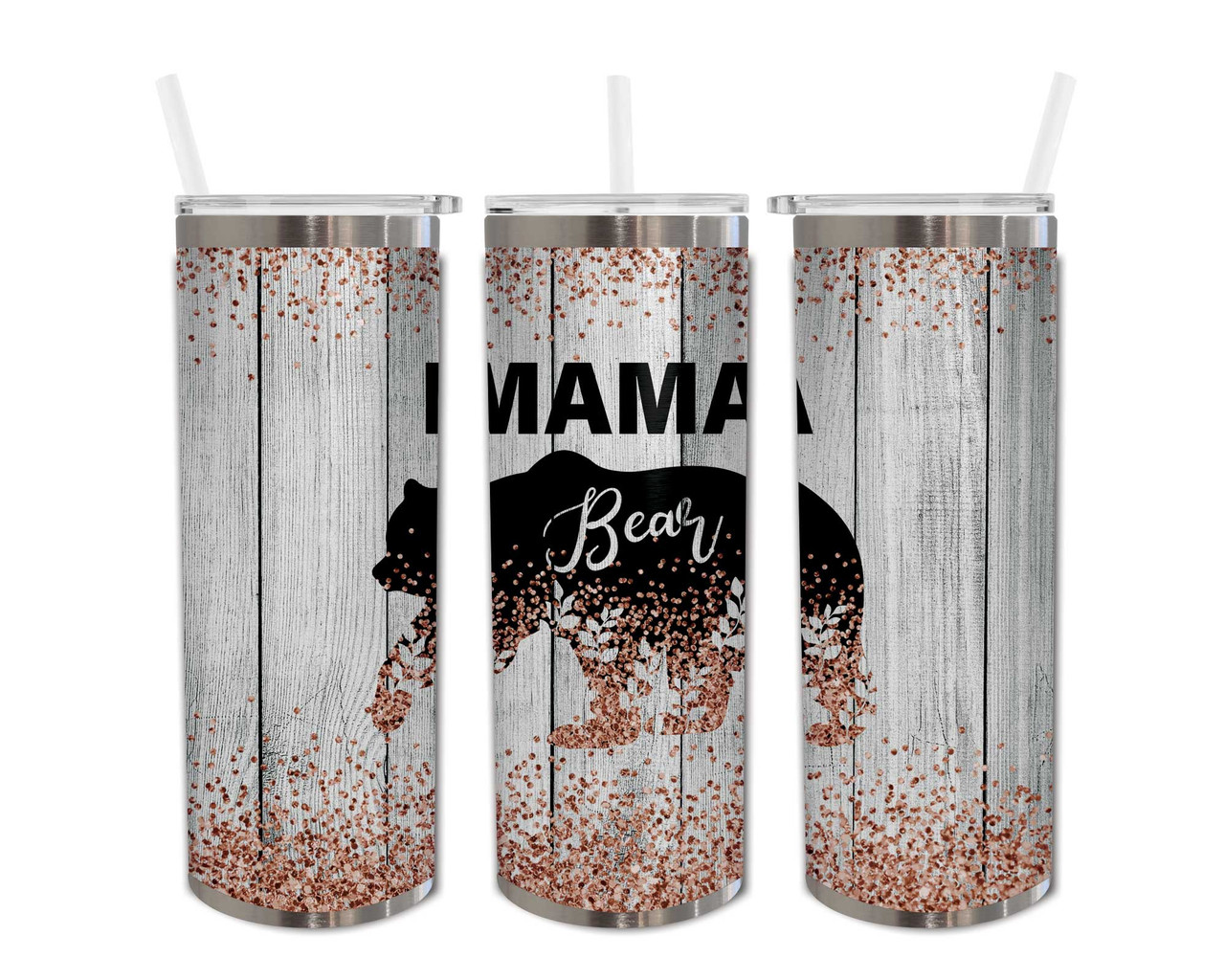 Custom Mother's Day Skinny Tumbler with Lid and Straw - Stainless Steel Insulated Tumbler, Mama Bear with Kid's Names | Andaz Press