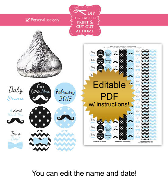 Little man printable baby shower candy stickers editable PDF