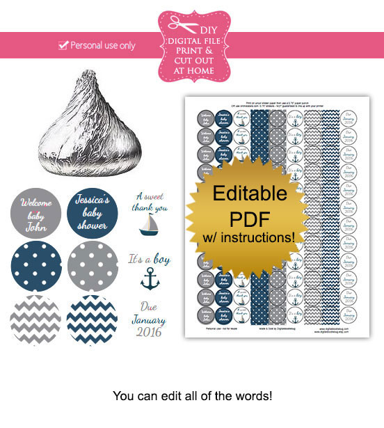 Nautical printable boy baby shower candy stickers editable PDF