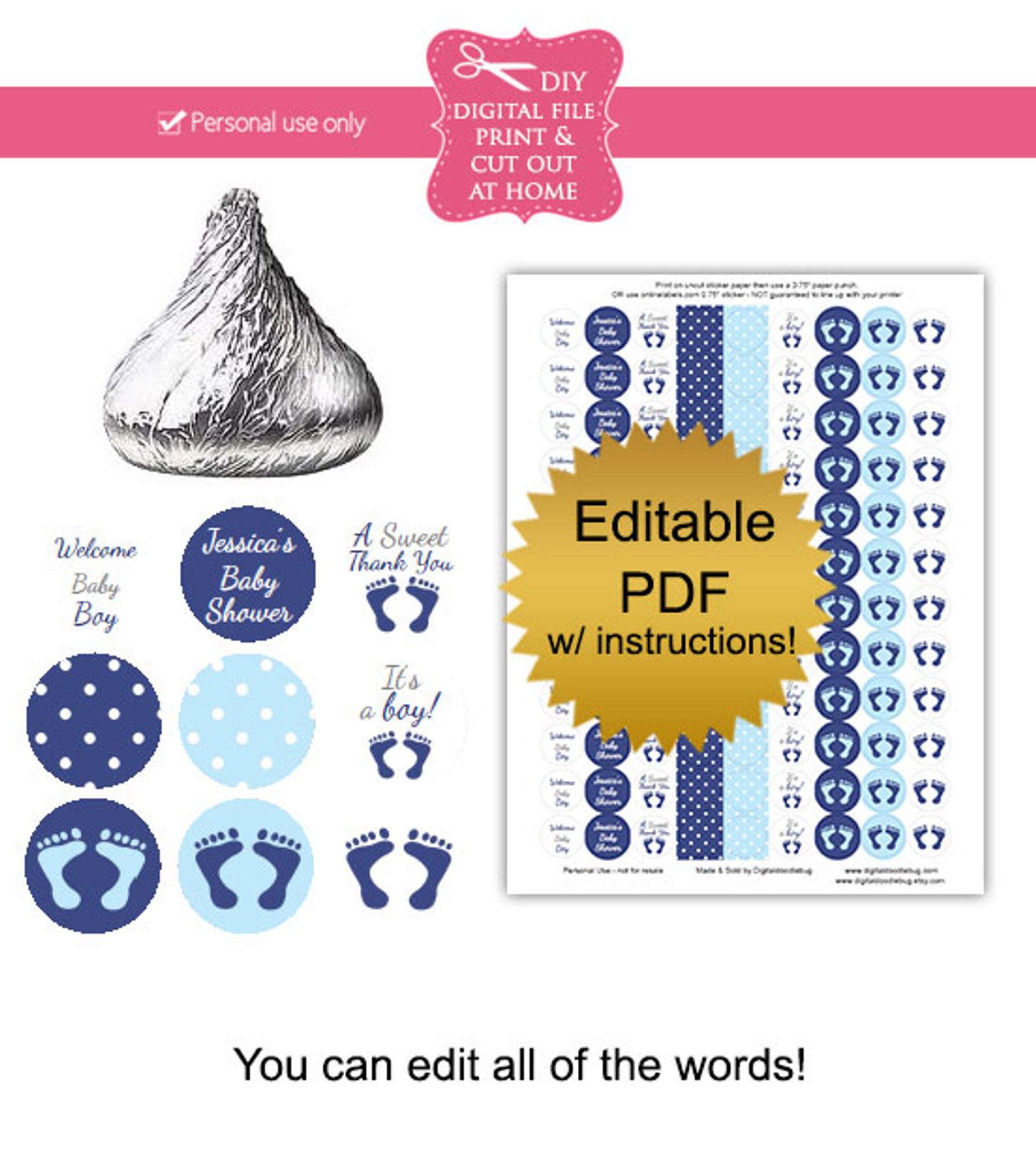 blue navy footprints printable baby shower candy
