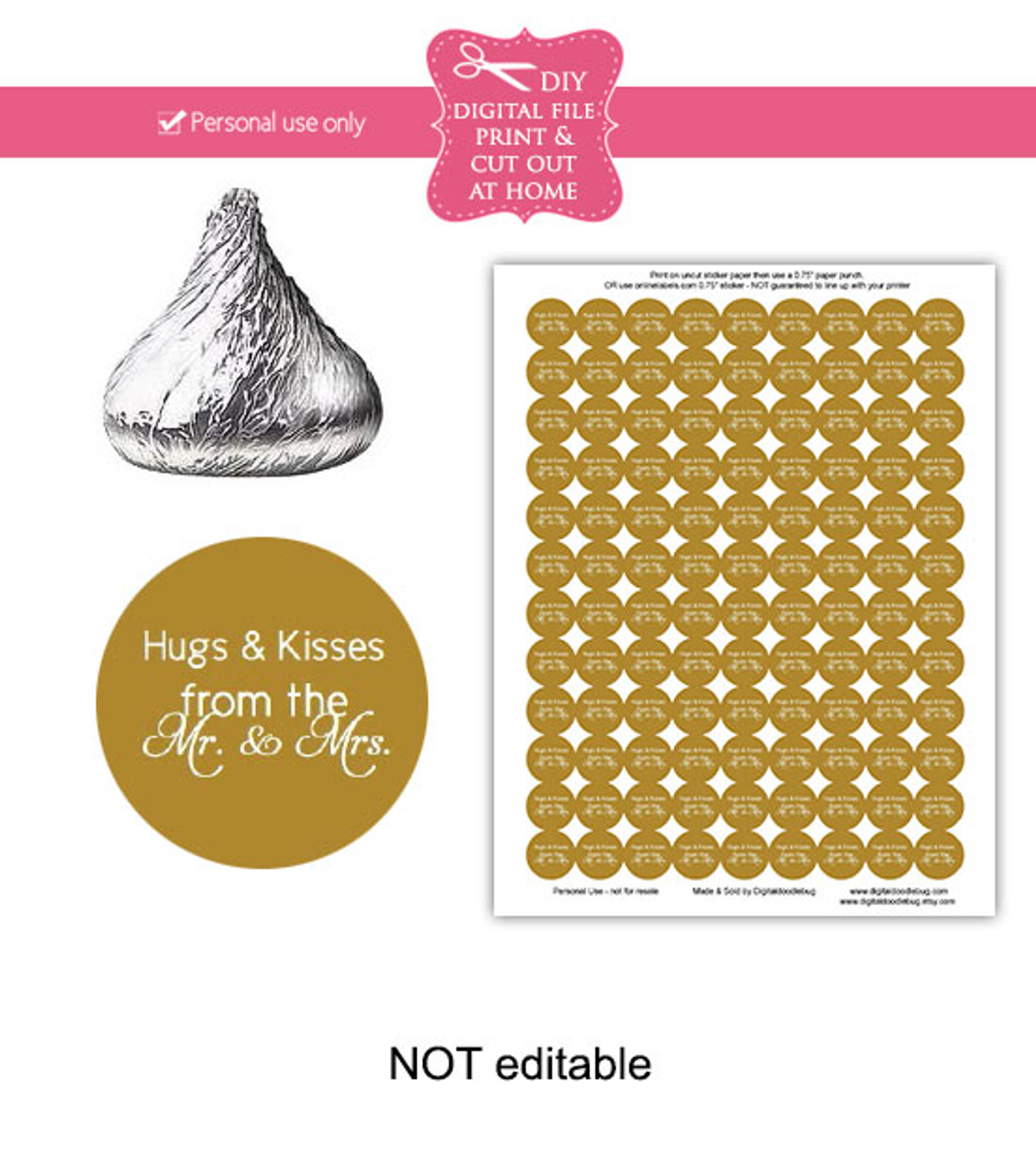 Gold Hugs Kisses Printable Candy Stickers