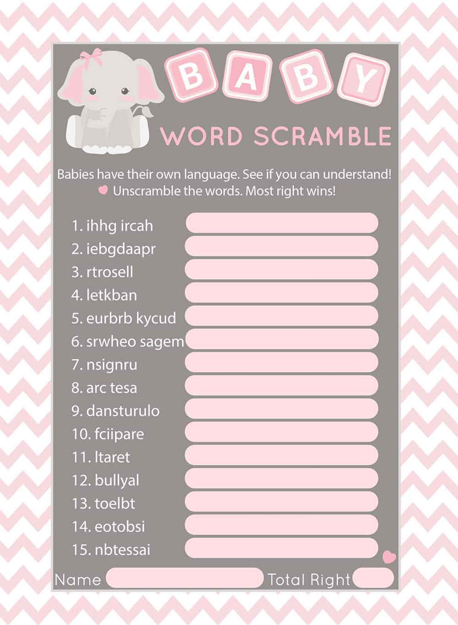 Baby Shower Word Scramble Game 5x7 Inches Set Of 25 Pink Elephant