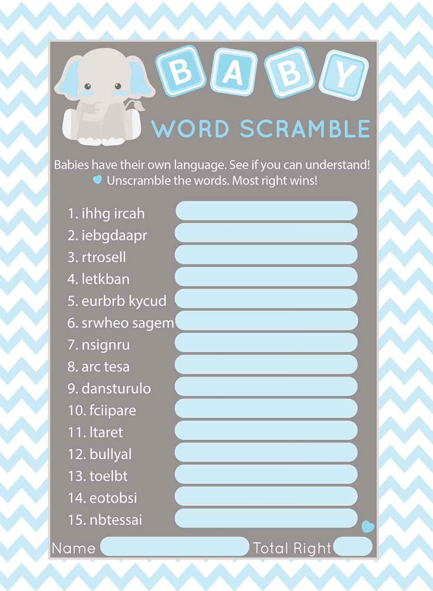 Word Scramble Baby Shower Game 5x7 Inches Set Of 25 Blue Elephant