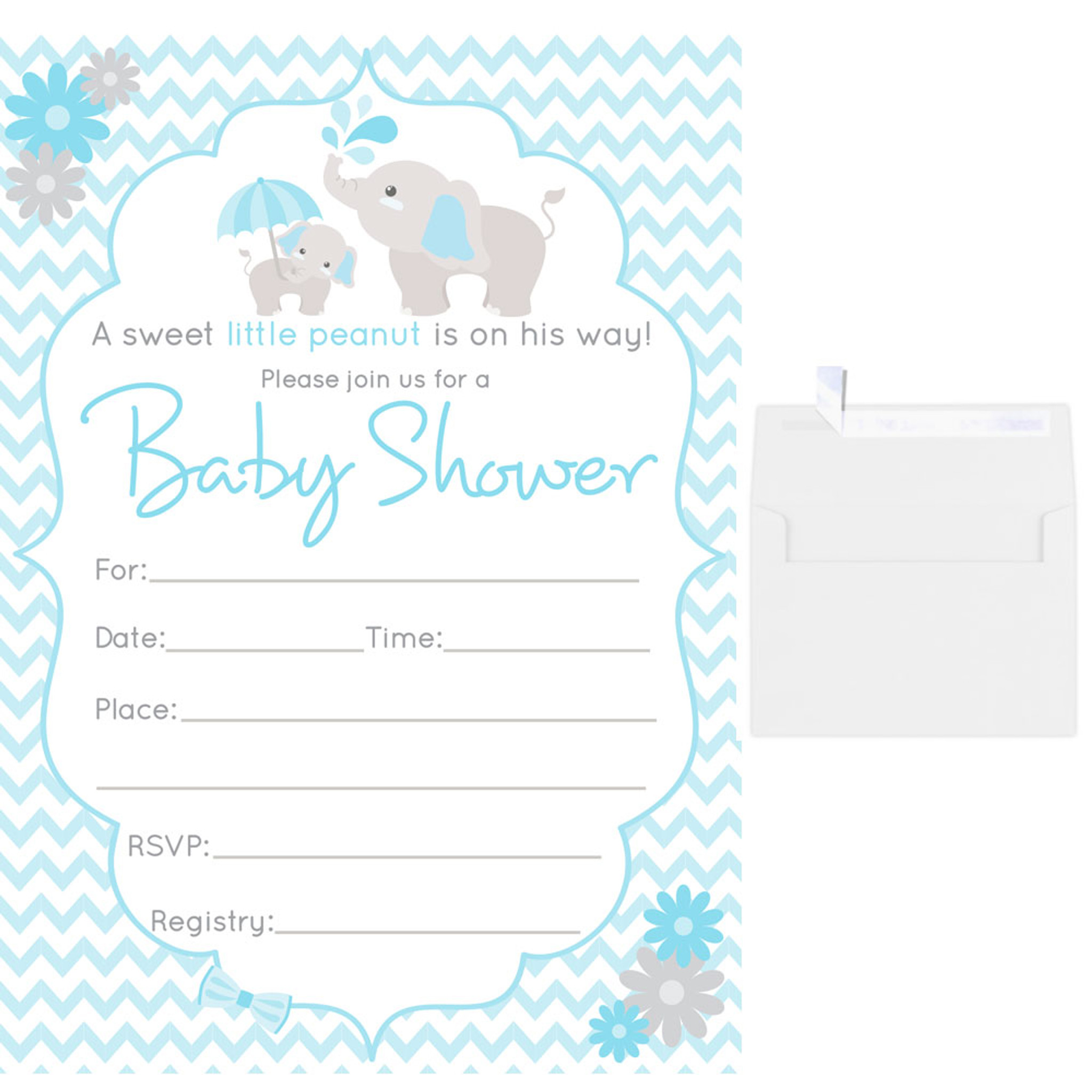 25 fill in blank baby shower invitations w/ envelopes blue elephant