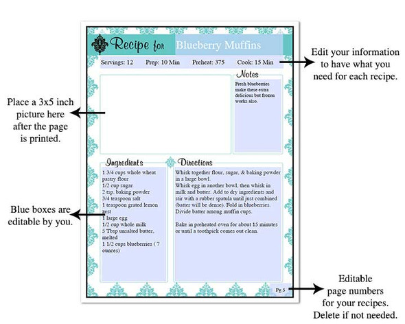 Blue Damask Printable Recipe Book Template Editable PDF