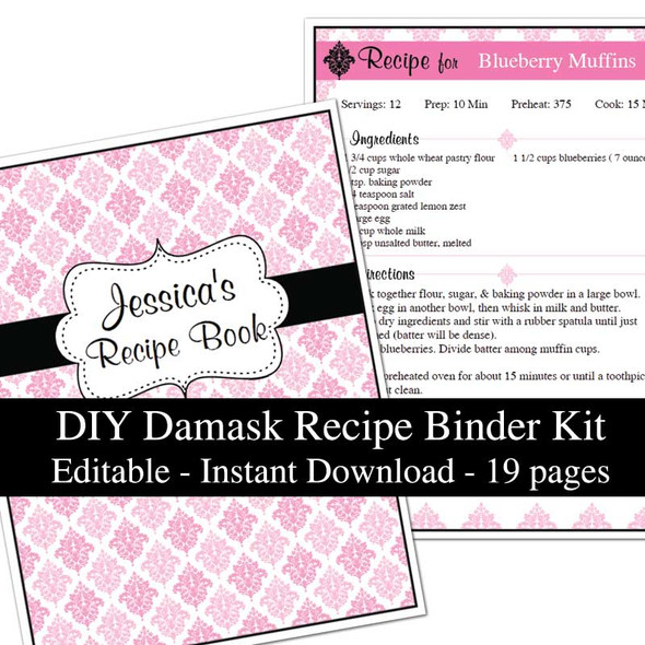 Pink Damask Printable Recipe Book Template Editable PDF