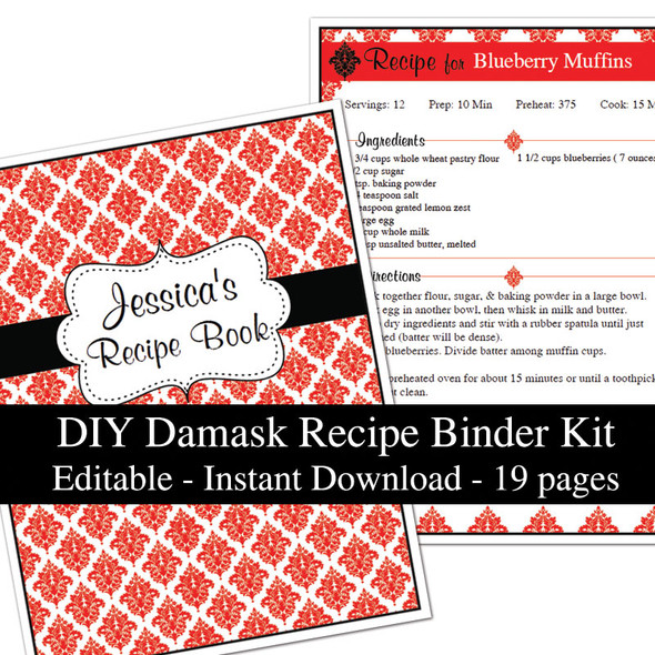 Red Damask Printable Recipe Book Template Editable PDF