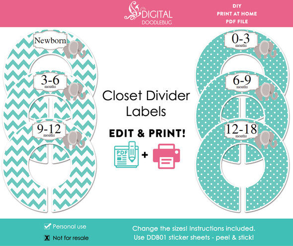 Turquoise Elephant Printable Closet Dividers