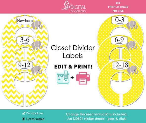 Yellow Elephant Printable Closet Dividers