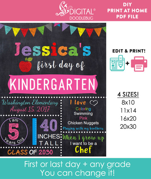 Editable Girls First Day of School Printable Sign PDF & Corjl
