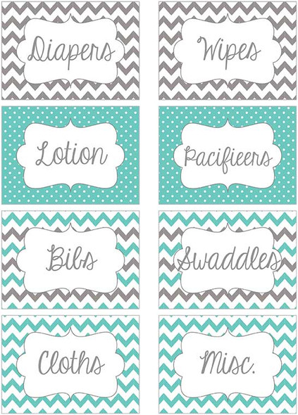 Teal & Gray chevron printable nursery drawer labels