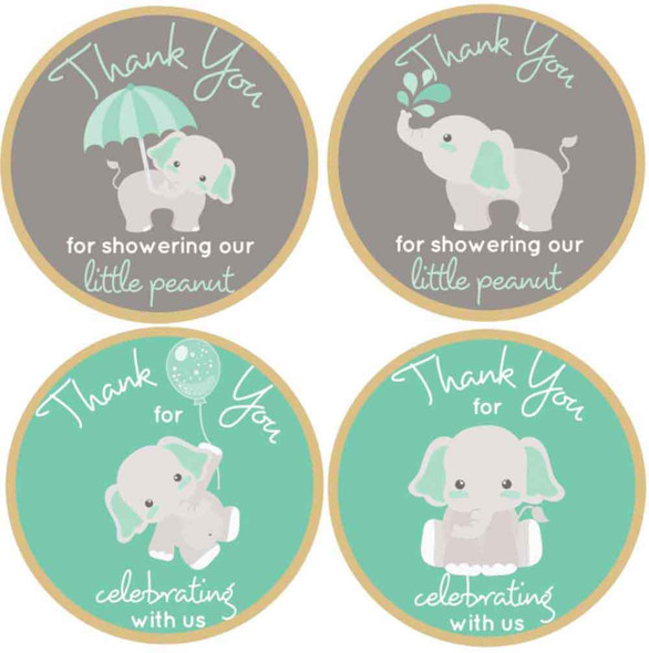 1.9 Inch Mint & Gray Elephant Thank You stickers 20 Labels