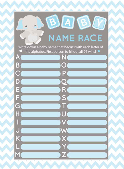 Name Race baby shower game set of 25 Blue Elephant