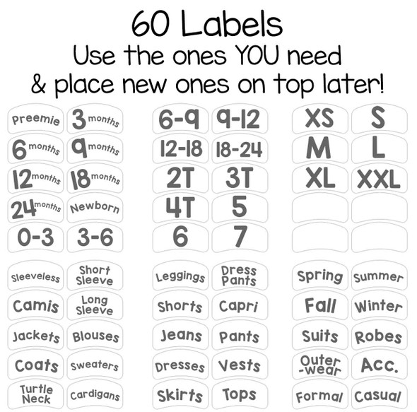 56 pre-printed sorting labels to organize by size or clothing type