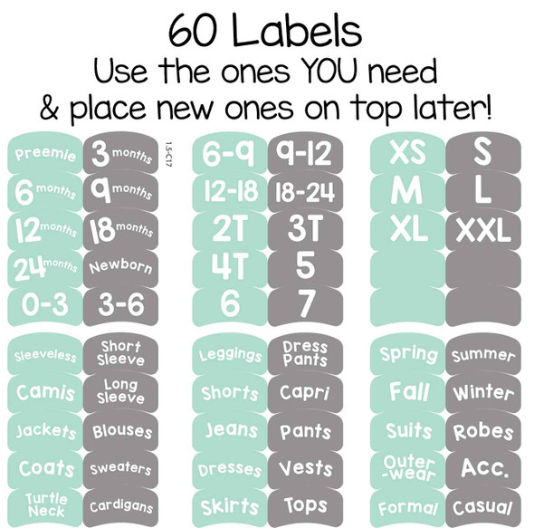 56 pre-printed sorting labels to organize by size or clothing type for child, teen, or adult.