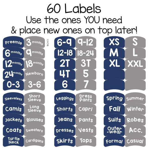 56 pre-printed sorting labels to organize by size or clothing type for child, teen, or adult.