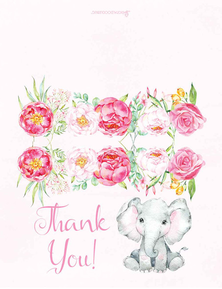 Pink elephant floral thank you cards for girls baby shower