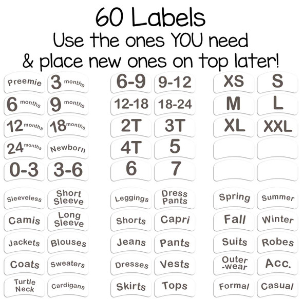 56 pre-printed sorting labels to organize by size or clothing type for baby, toddler, or child.