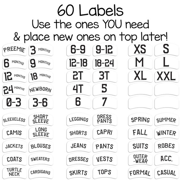 56 pre-printed sorting labels to organize by size or clothing type for baby, toddler, or child.