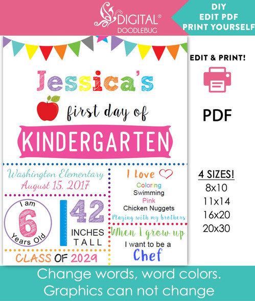 Editable PDF white first day of school sign