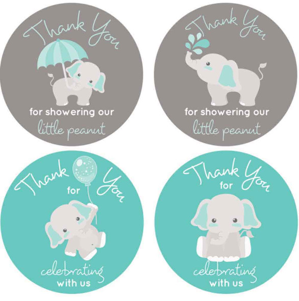 aqua gray elephant gender neutral baby shower favors DIY stickers and bags