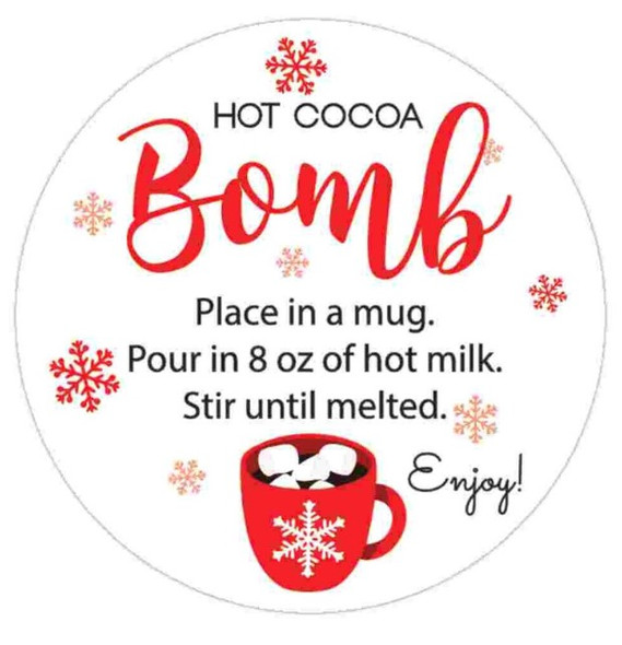 red white snowflake hot chocolate bomb direction labels