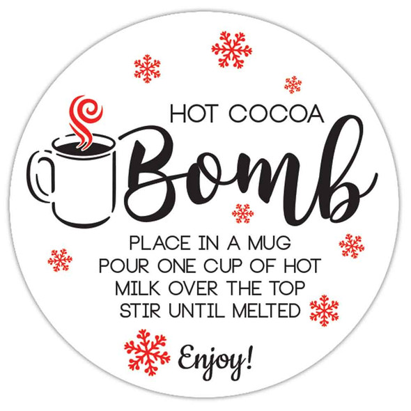 red snowflake hot chocolate cocoa bomb instruction labels for product packaging