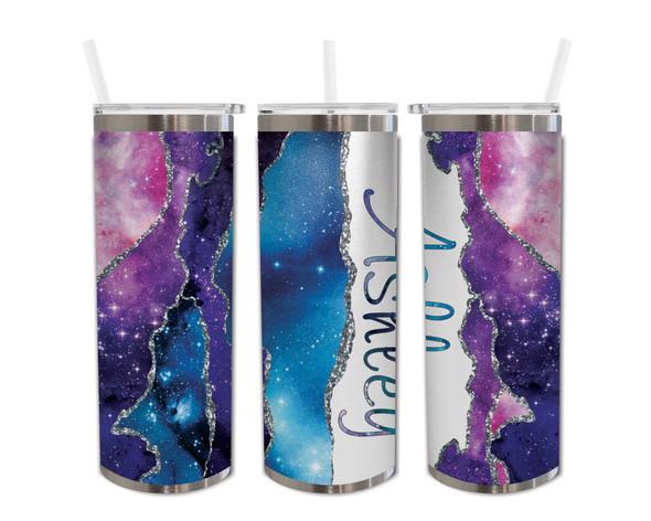 galaxy silver agate pink blue and purpe custom name 20oz skinny tumbler