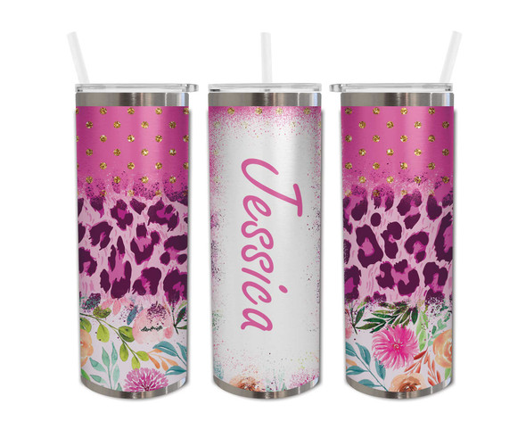 Custom Name Pink Leopard Flowers 20oz Skinny Tumbler