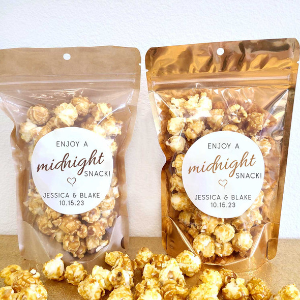 custom enjoy a midnight snack wedding popcorn stickers with goody bags brown kraft