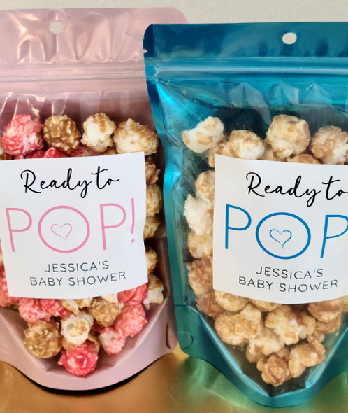 personalized baby shower popcorn favors stickers and treat bags blue boy or pink girl