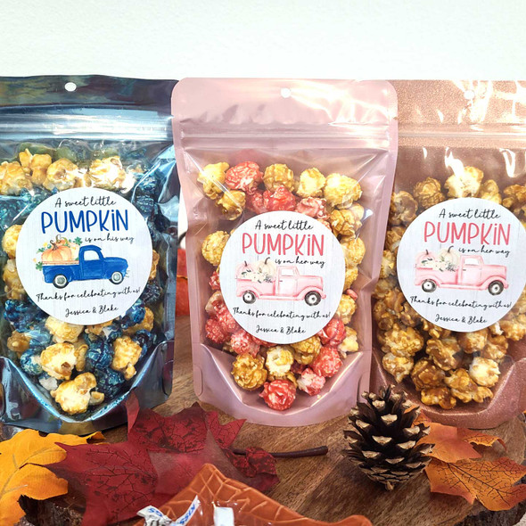 pumpkin vintage truck popcorn favors stickers and bags for baby shower blue or pink boy or girl