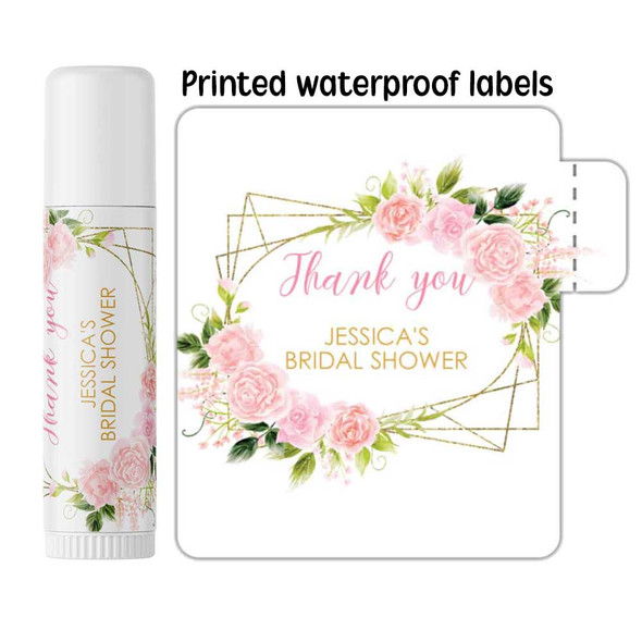 thank you baby shower lip balm or bridal shower wedding favors pink rose greenery