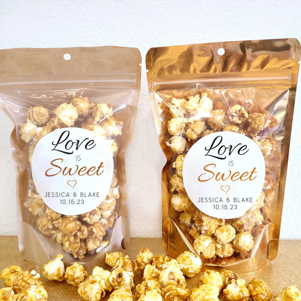 custom love is sweet snack wedding popcorn stickers with goody bags brown kraft