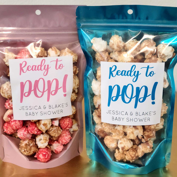 ready to pop personalized baby shower popcorn favors stickers and treat bags DIY kit blue boy or pink girl