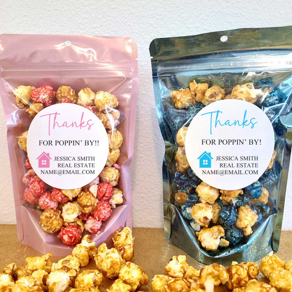 realtor open house personalized popcorn favors stickers and treat bags DIY kit thanks for poppin' by