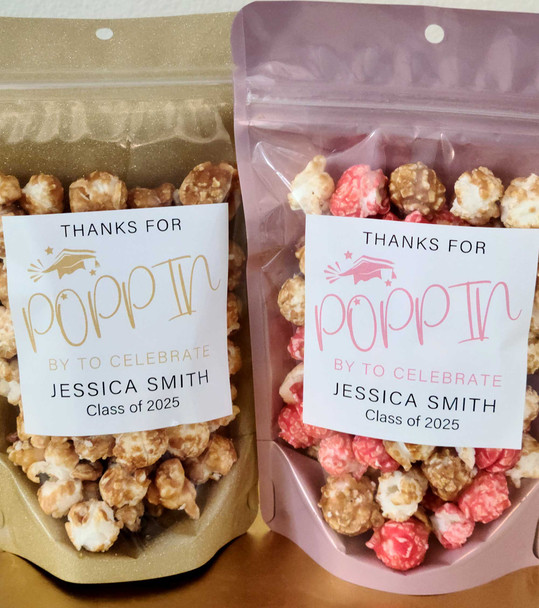 graduation favor personalized popcorn stickers and treat bags DIY kit thanks for poppin by