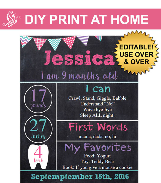 Girls printable monthly chalkboard poster