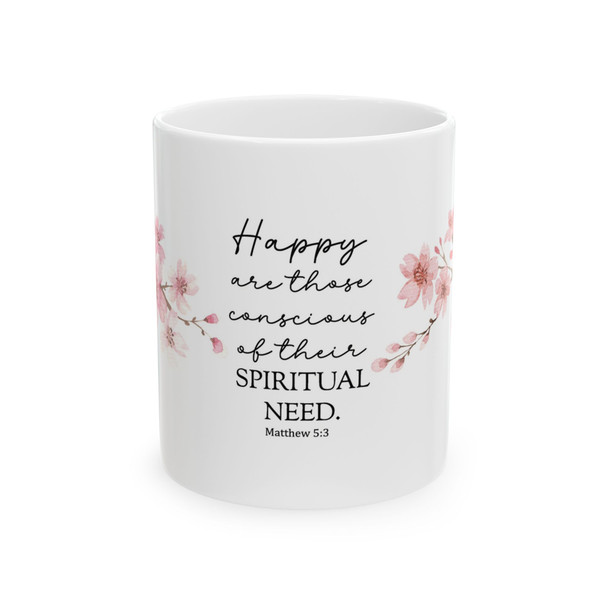 Happy are those conscious of their spiritual need Ceramic Cherry Blossom Scripture Mug Matthew 5:3